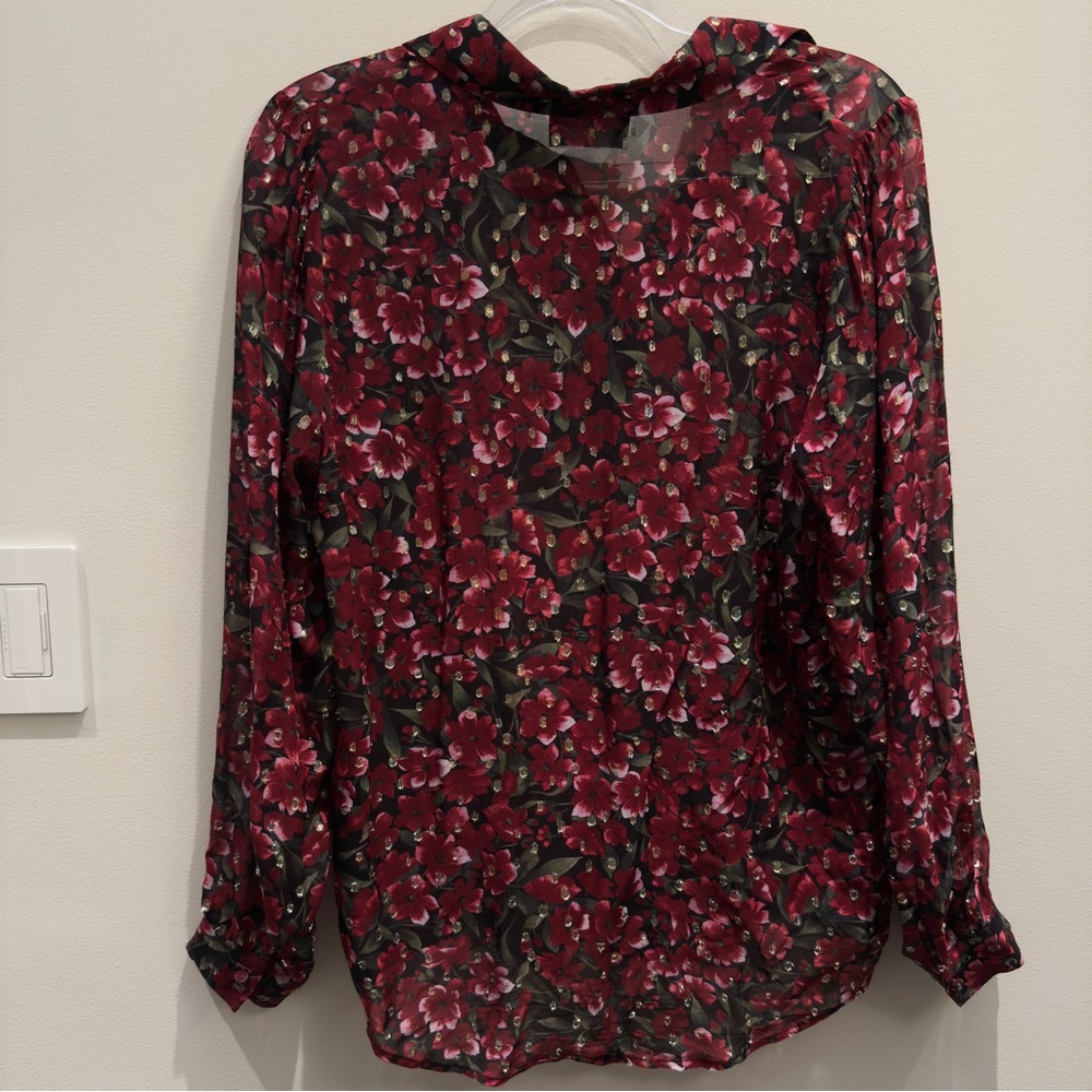 The Kooples Paris Raspberry Love Blouse Burgundy Red Floral Metallic Size 1 - Picture 4 of 14